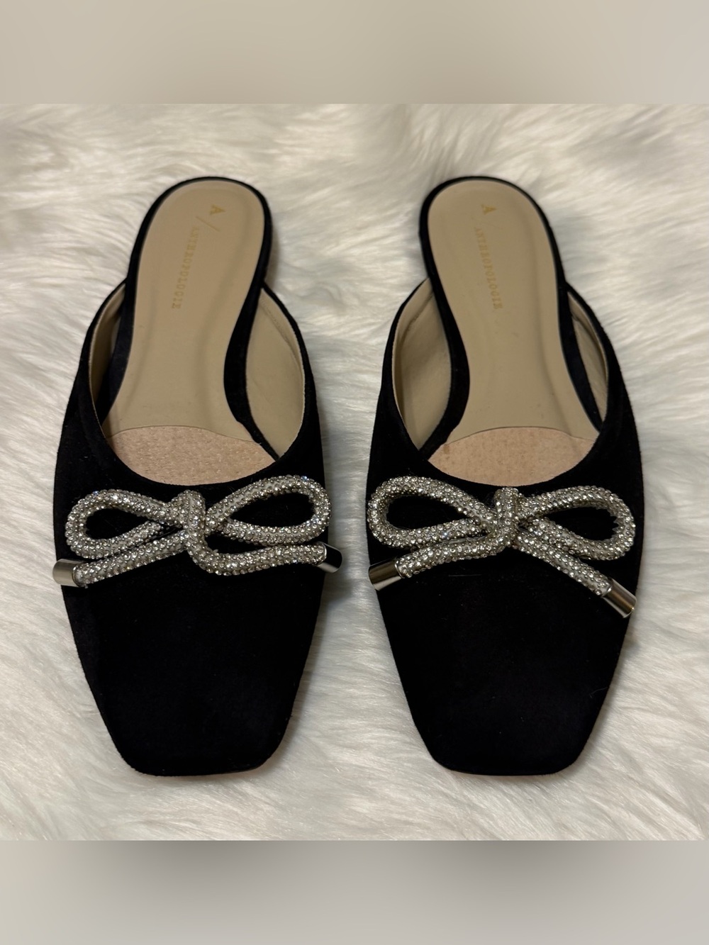 Anthropologie Guilhermina Ballet Black Slingback Flats with Crystal Bow - Picture 2 of 9
